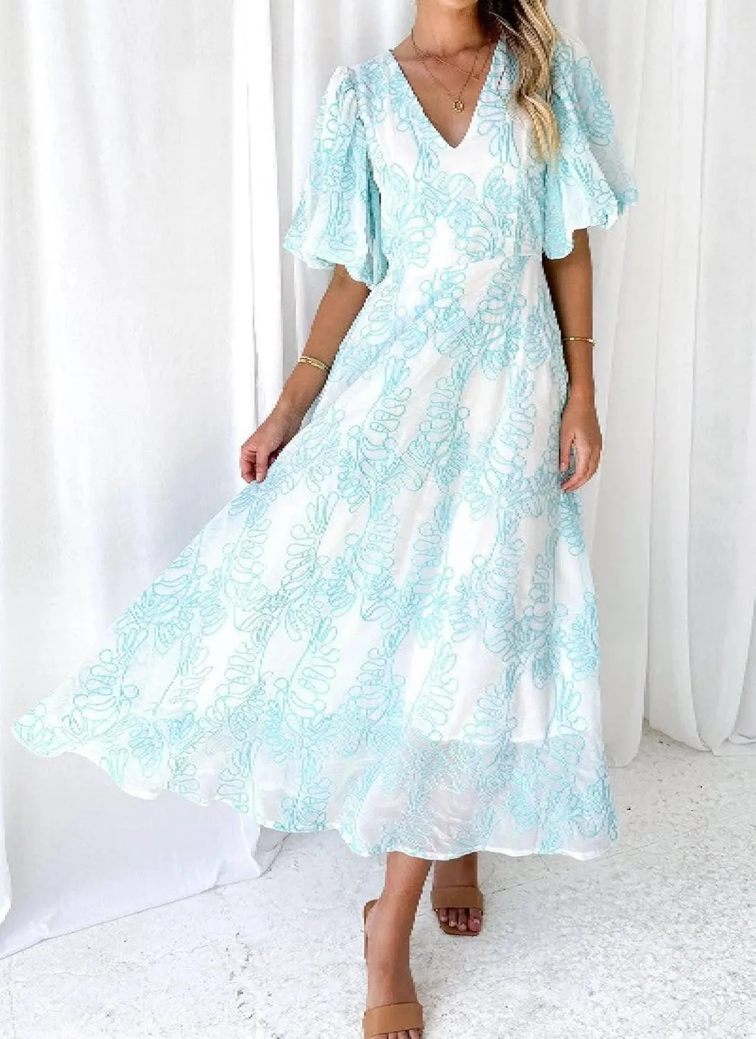 2025 Womens Swing A Line High Waist Ruffle Dress Semi Casual Print V Neck Puff Sleeve Maxi Dress