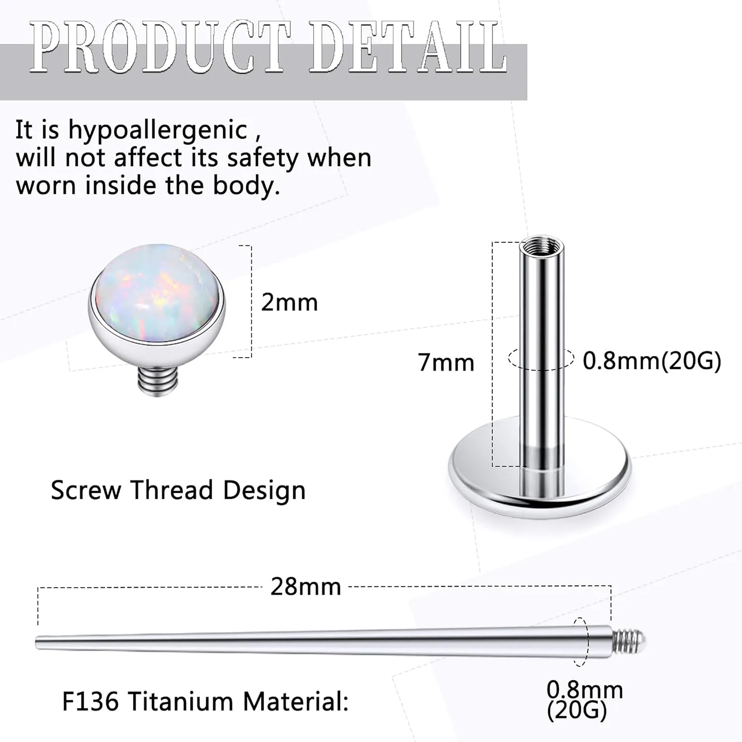 20G 18G 16G Internally Threaded Astm F136 Titanium Nose Ring Studs Flat Back Studs Earrings G23 Titanium Tragus Helix Conch Cartilage Earrings Piercing Jewelry For Women Men Opal 2-3mm