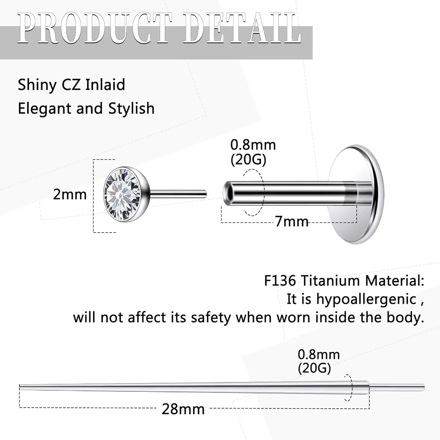 20G 18G 16G Threadless Push In Astm F136 Titanium Nose Ring Studs Flat Back Studs Earrings G23 Titanium Tragus Helix Conch Cartilage Earrings Piercing Jewelry For Women Men CZ 2mm 3mm 4mm