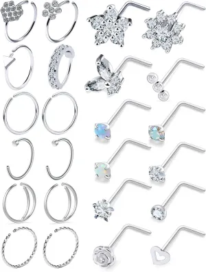 20G Nose Rings Hoops 316L Stainless Surgical Steel Hypoallergenic Nose Rings Studs Piercing Jewelry for Women Men Diamond Clear CZ Silver Gold Black Rainbow Rose Gold
