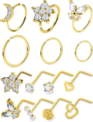 20G Nose Rings Hoops 316L Stainless Surgical Steel Hypoallergenic Nose Rings Studs Piercing Jewelry for Women Men Diamond Clear CZ Silver Gold Black Rainbow Rose Gold