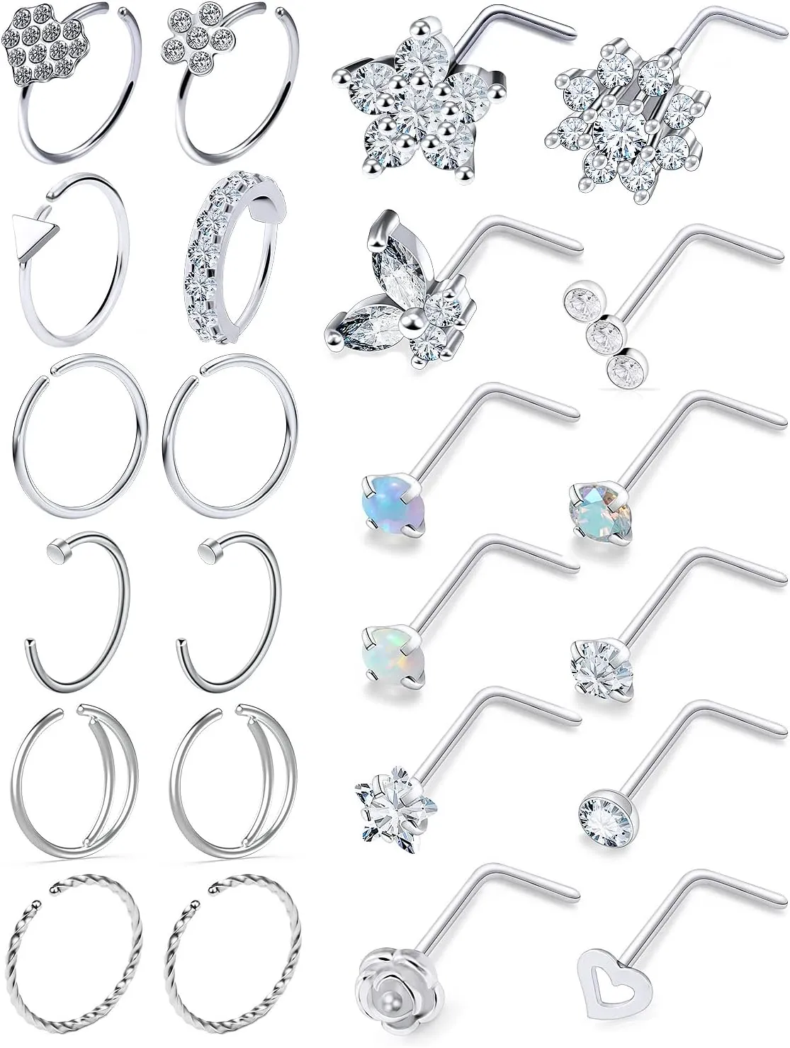 20G Nose Rings Hoops 316L Stainless Surgical Steel Hypoallergenic Nose Rings Studs Piercing Jewelry for Women Men Diamond Clear CZ Silver Gold Black Rainbow Rose Gold