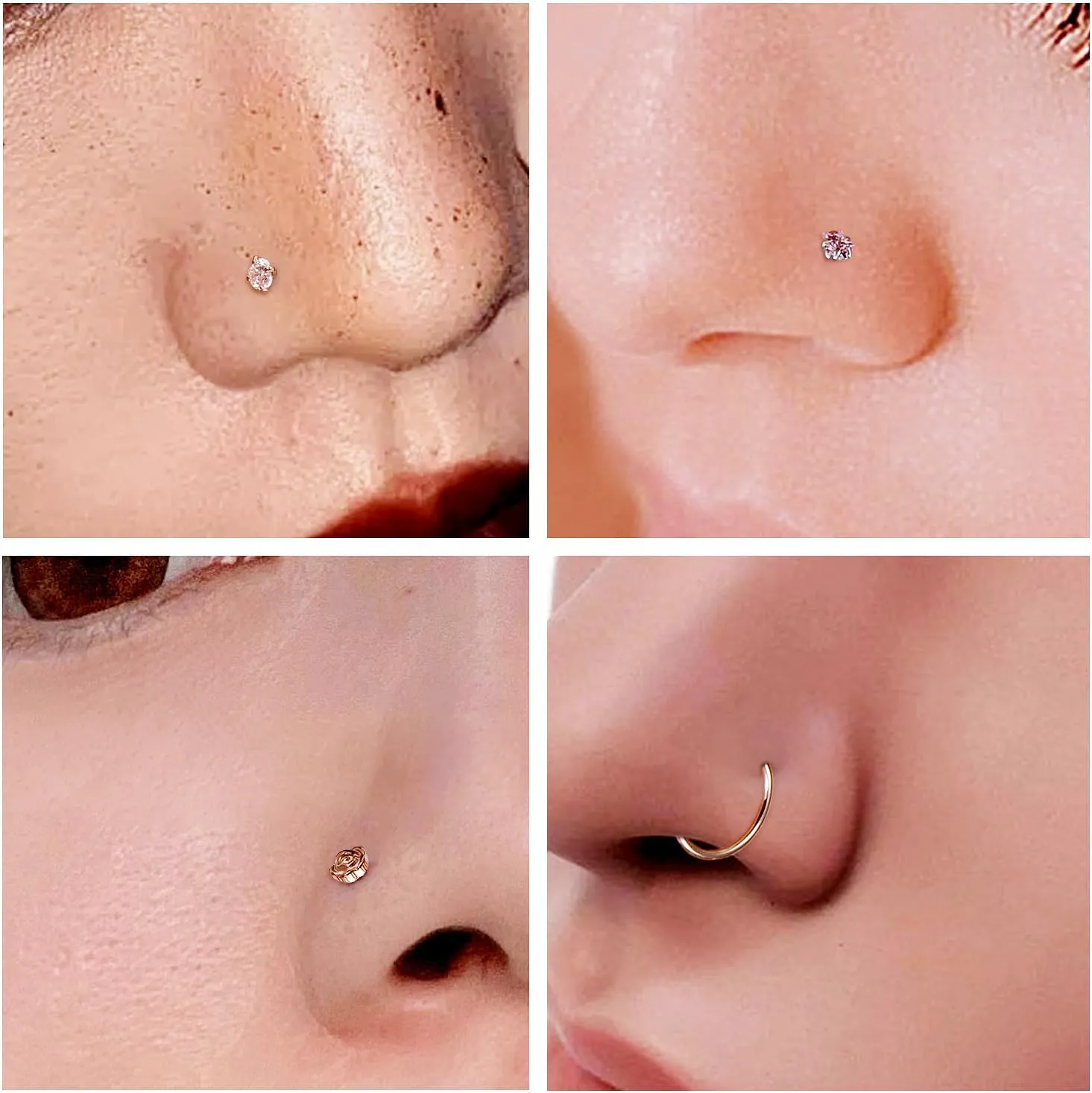 20G Nose Rings Hoops 316L Stainless Surgical Steel Hypoallergenic Nose Rings Studs Piercing Jewelry for Women Men Diamond Clear CZ Silver Gold Black Rainbow Rose Gold