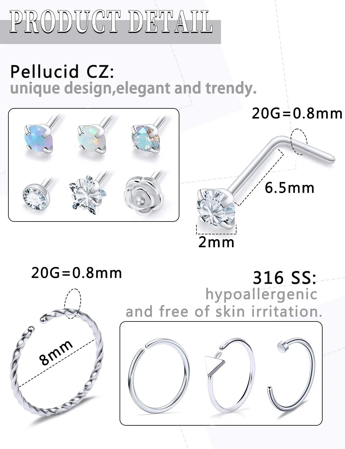 20G Nose Rings Hoops 316L Stainless Surgical Steel Hypoallergenic Nose Rings Studs Piercing Jewelry for Women Men Diamond Clear CZ Silver Gold Black Rainbow Rose Gold