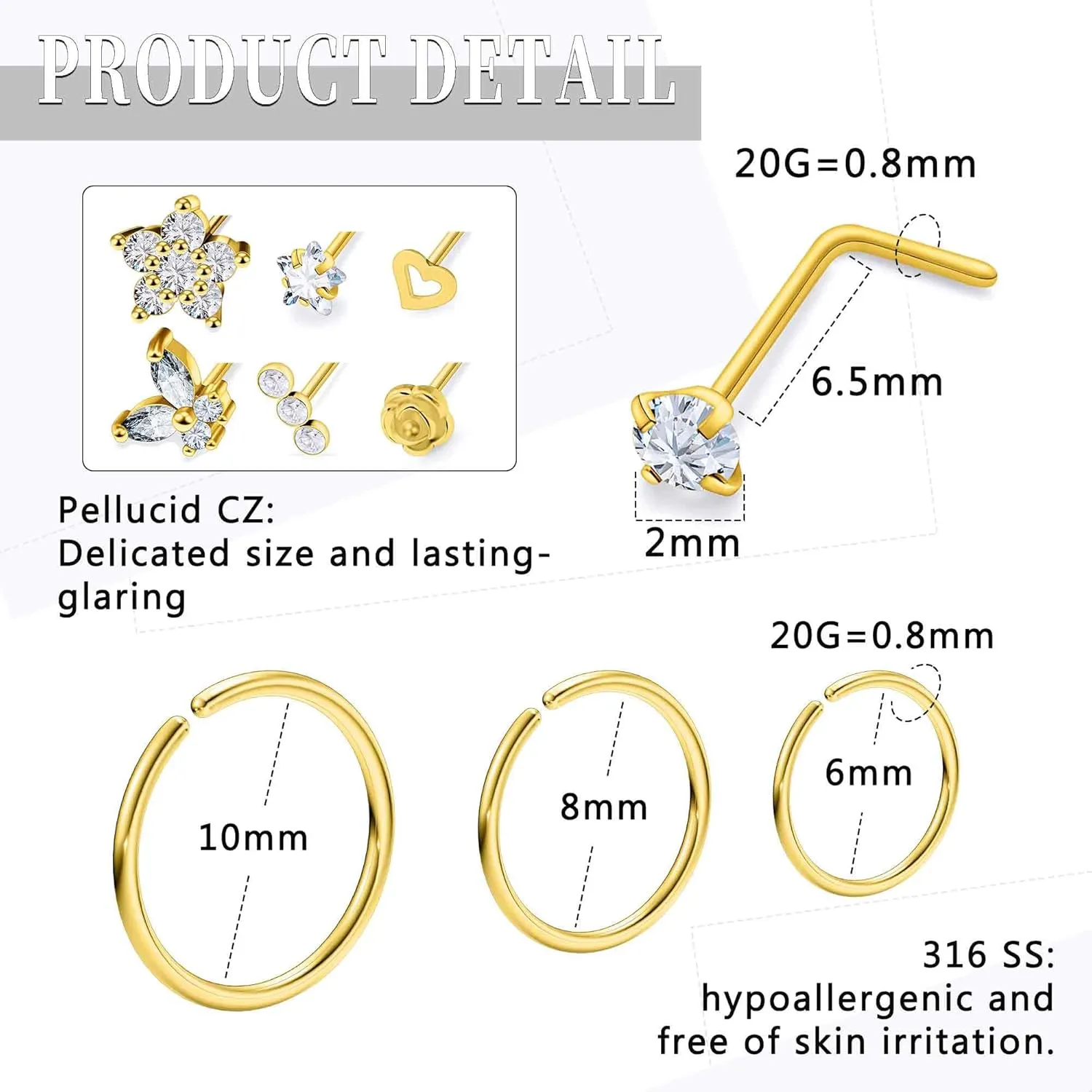 20G Nose Rings Hoops 316L Stainless Surgical Steel Hypoallergenic Nose Rings Studs Piercing Jewelry for Women Men Diamond Clear CZ Silver Gold Black Rainbow Rose Gold