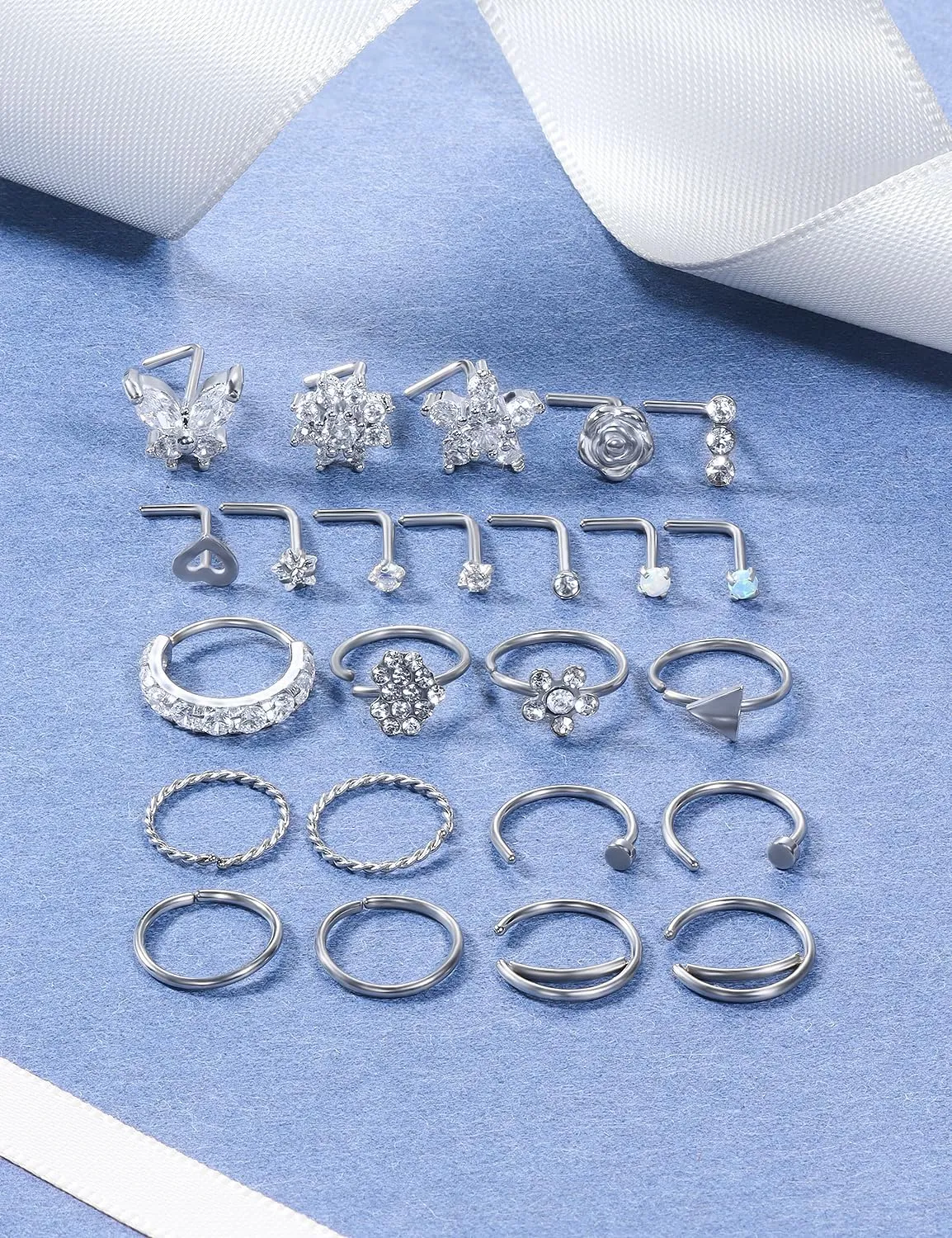 20G Nose Rings Hoops 316L Stainless Surgical Steel Hypoallergenic Nose Rings Studs Piercing Jewelry for Women Men Diamond Clear CZ Silver Gold Black Rainbow Rose Gold