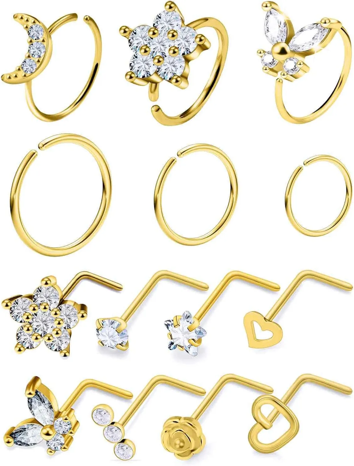 20G Nose Rings Hoops 316L Stainless Surgical Steel Hypoallergenic Nose Rings Studs Piercing Jewelry for Women Men Diamond Clear CZ Silver Gold Black Rainbow Rose Gold