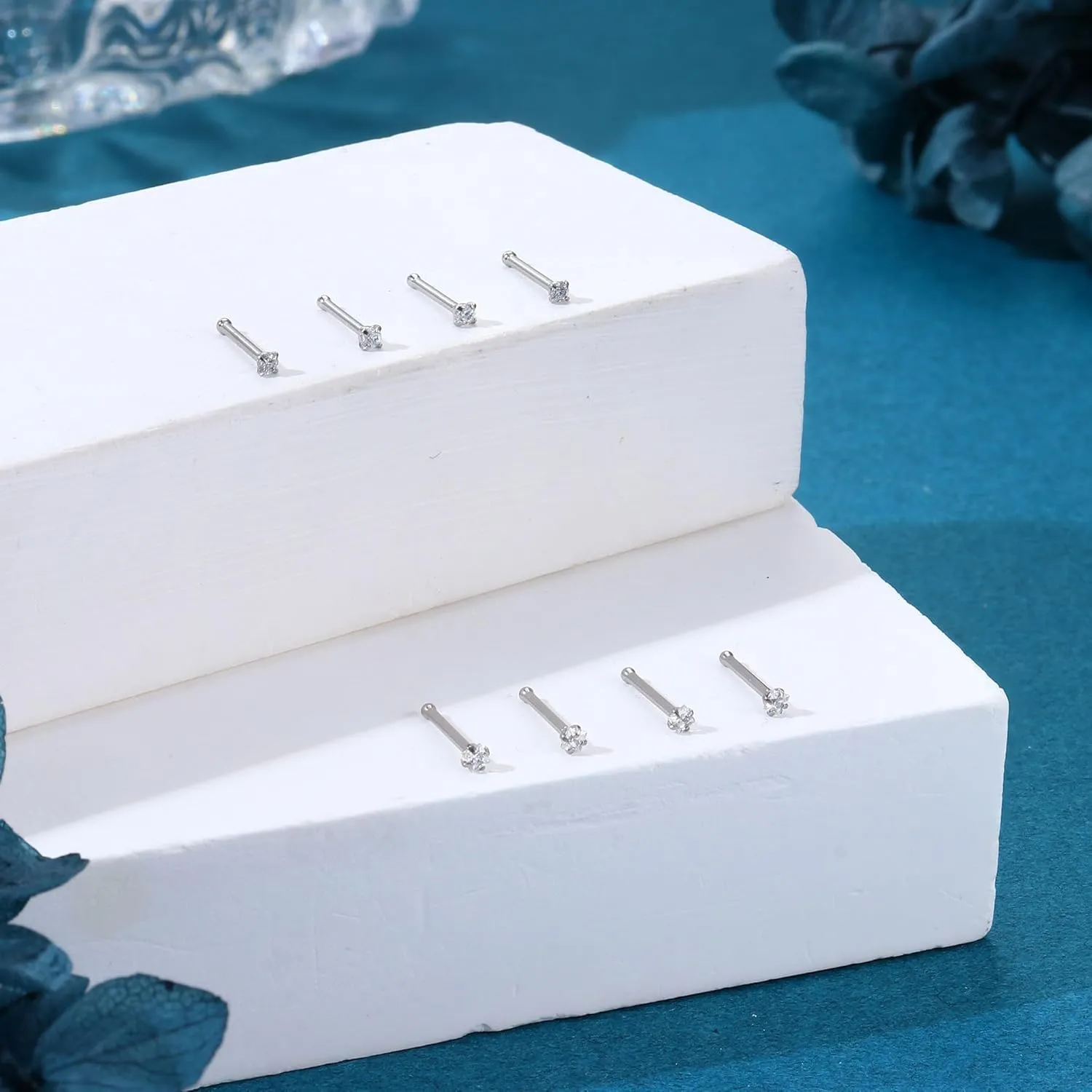 20G Nose Rings Set - 8 Pcs Bone Studs With CZ Stones, Stainless Steel, Round & Square Shapes - 1.5-3MM
