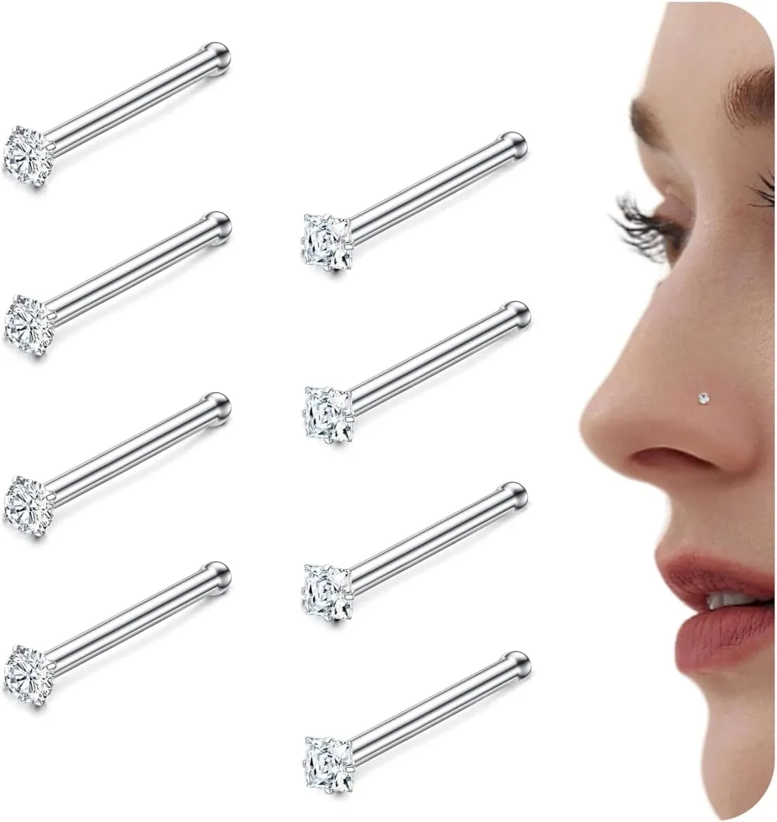 20G Nose Rings Set - 8 Pcs Bone Studs With CZ Stones, Stainless Steel, Round & Square Shapes - 1.5-3MM