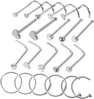 21Pcs Stainless Steel Nose Rings Mixed Nose Hoops Studs Jewelry for Women Piercing Accessories for Parties and Everyday Wear