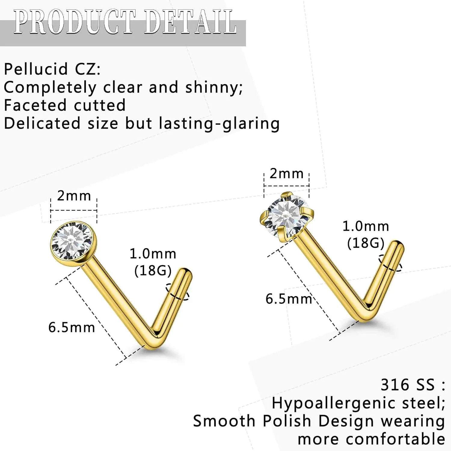 24G 22G 20G 18G Nose Rings Studs Piercing Jewelry For Women Men 316L Stainless Surgical Steel Nose Rings Studs Nostrial Piercing Jewelry for Women Men Diamond CZ 2mm Silver Black Gold