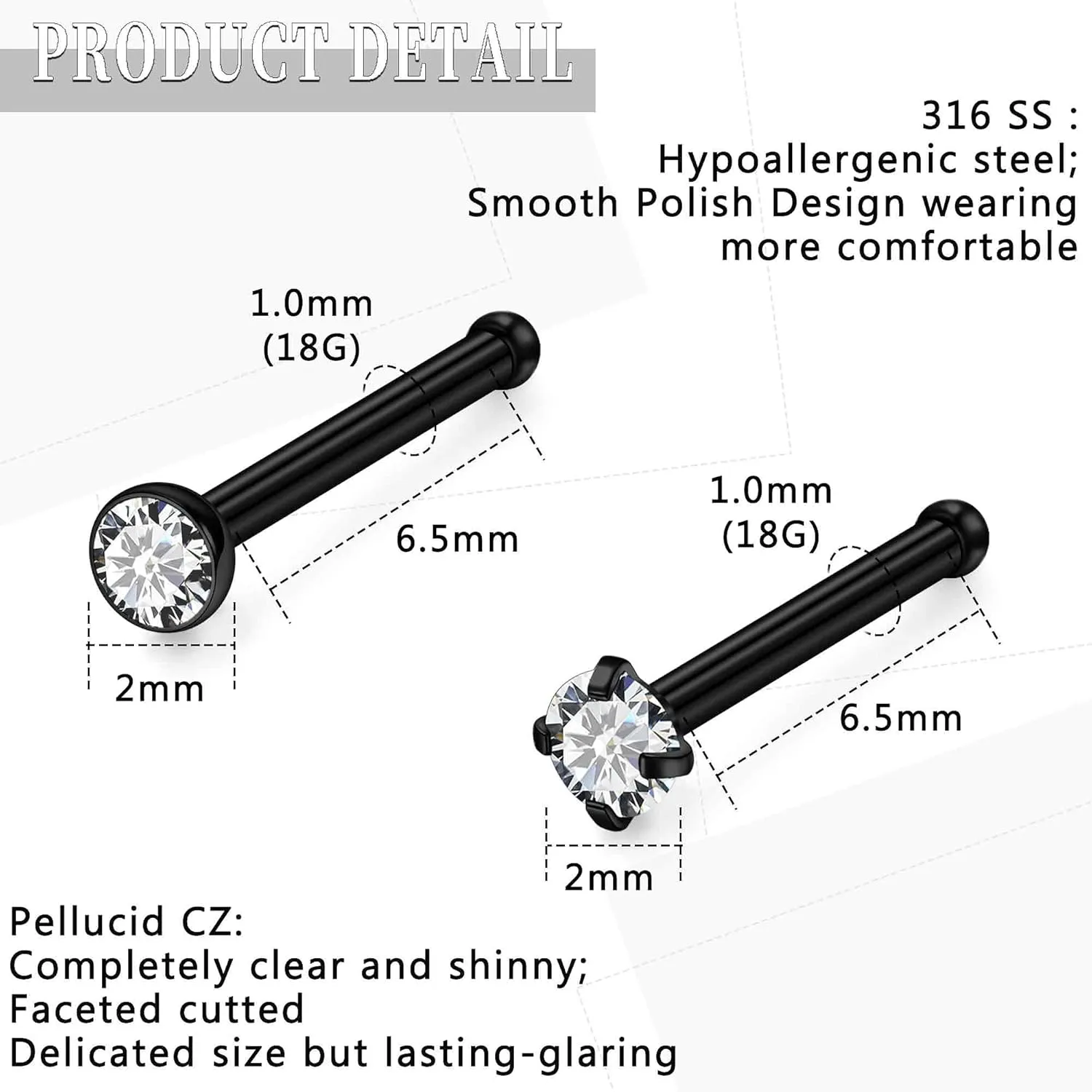 24G 22G 20G 18G Nose Rings Studs Piercing Jewelry For Women Men 316L Stainless Surgical Steel Nose Rings Studs Nostrial Piercing Jewelry for Women Men Diamond CZ 2mm Silver Black Gold