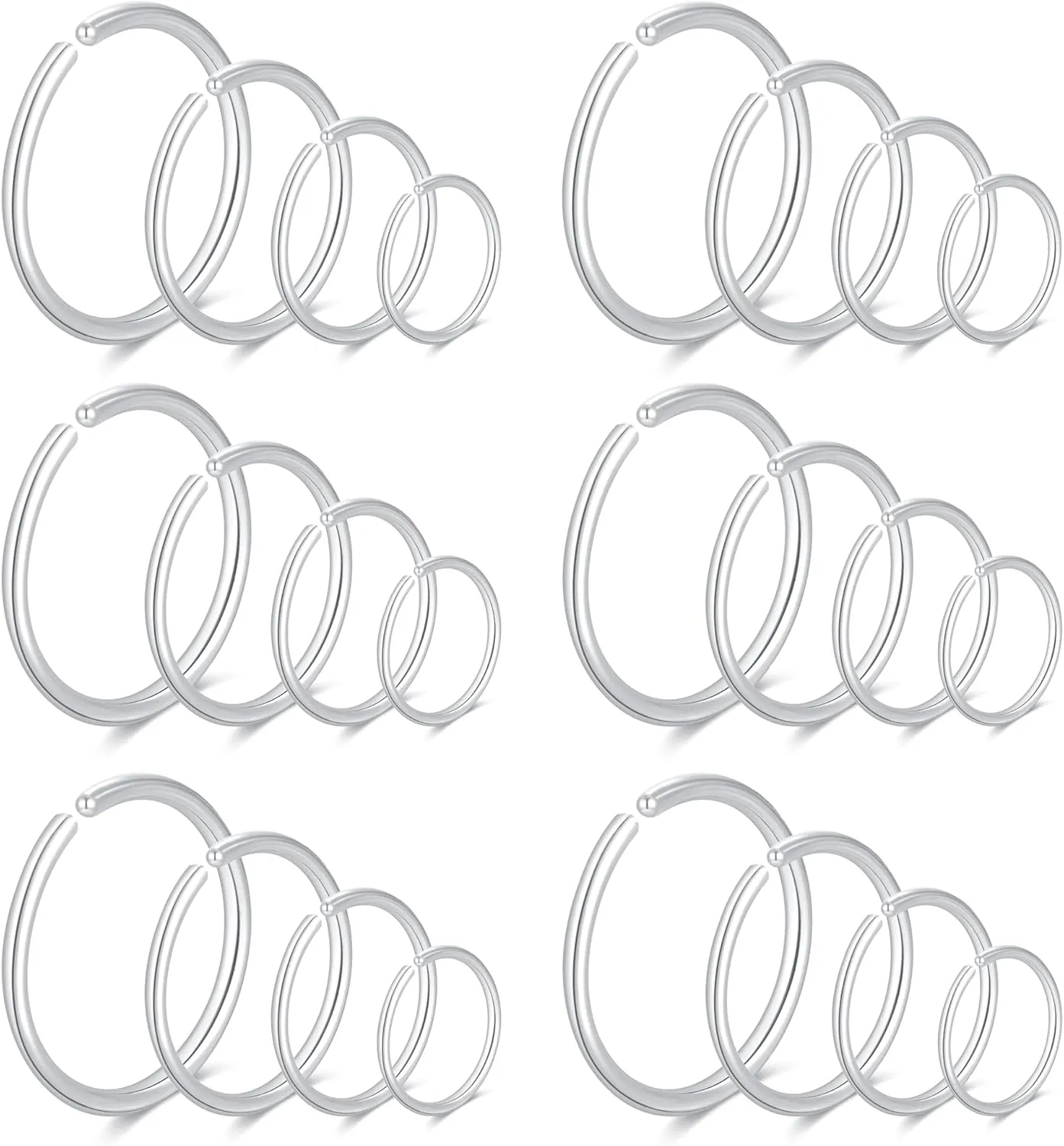 24Pcs 20 Gauge Nose Piercings Nose Rings Hoops for Women Men 316L Surgical Steel Cartilage Helix Tragus Hoop Earrings Lip Rings Septum Rings Clip on Real Nose Rings Bendable 6mm 8mm 10mm 12mm Fake Nose Ring Fake Septum Piercings