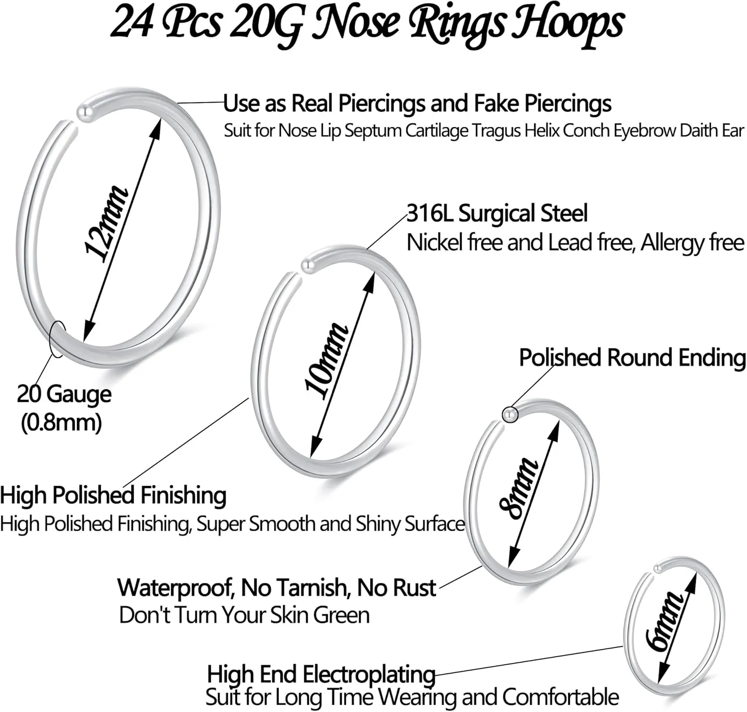 24Pcs 20 Gauge Nose Piercings Nose Rings Hoops for Women Men 316L Surgical Steel Cartilage Helix Tragus Hoop Earrings Lip Rings Septum Rings Clip on Real Nose Rings Bendable 6mm 8mm 10mm 12mm Fake Nose Ring Fake Septum Piercings