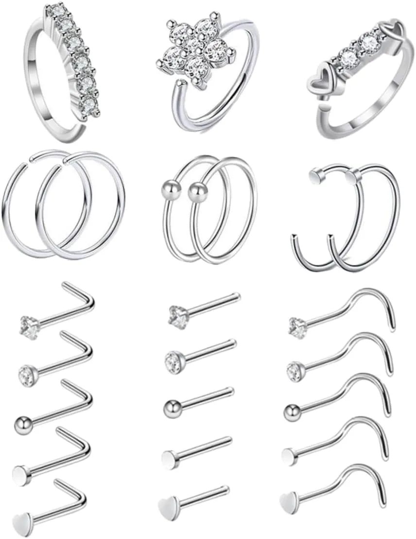 24pcs Stainless Steel Nose Rings Studs Clip Nose Piercing Jewelry for Women Men Chic Zircon Decor Elegant Body Accessories for Special Occasions