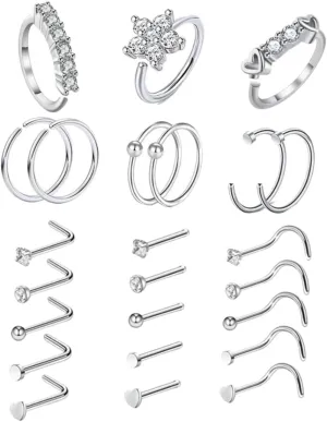 24pcs Stainless Steel Nose Rings Studs Clip Nose Piercing Jewelry for Women Men Chic Zircon Decor Elegant Body Accessories for Special Occasions