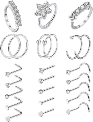 24pcs Stainless Steel Nose Rings Studs Fashion Zircon Body Piercing Jewelry for Women Non-allergic Resistant Cool Styles for Everyday Wear Special Occasions