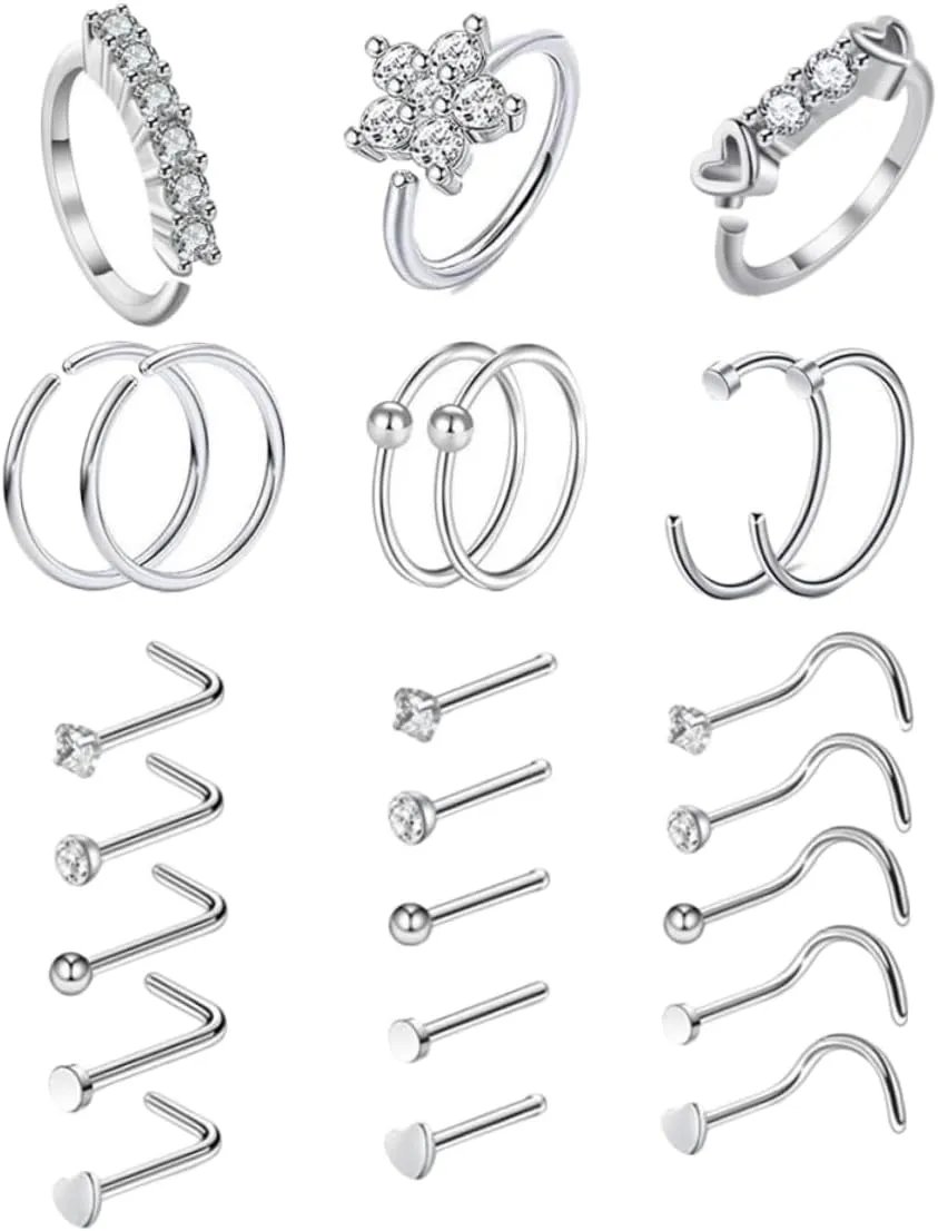 24pcs Stainless Steel Nose Rings Studs Fashion Zircon Body Piercing Jewelry for Women Non-allergic Resistant Cool Styles for Everyday Wear Special Occasions