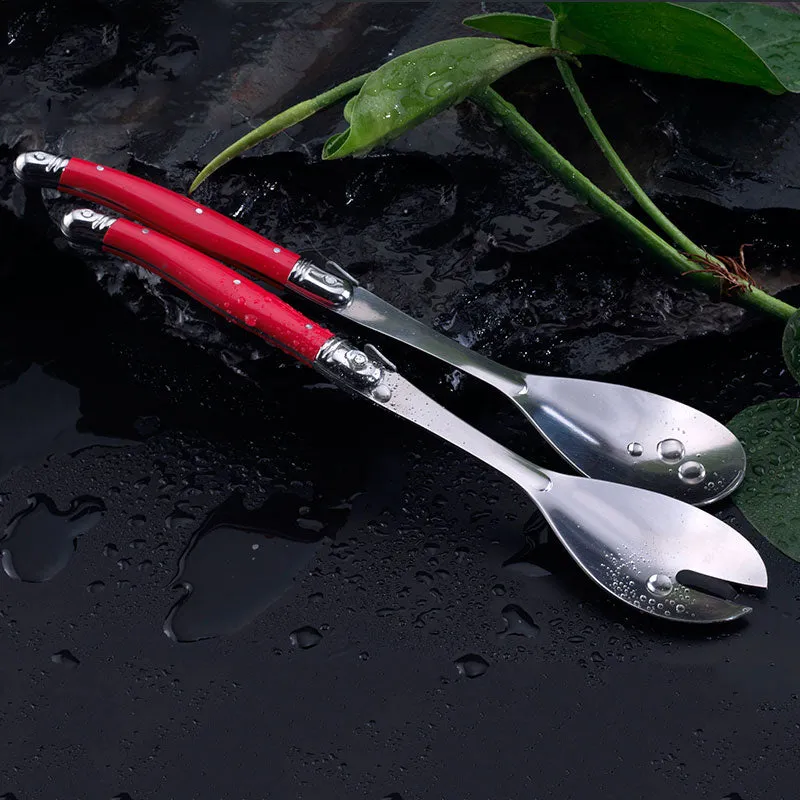 2pcs 10'' Red Salad Spoon set Laguiole Stainless steel Spoon Western Dinnerware Black ABS Handle Party Cake Dessert Tool Kitchen
