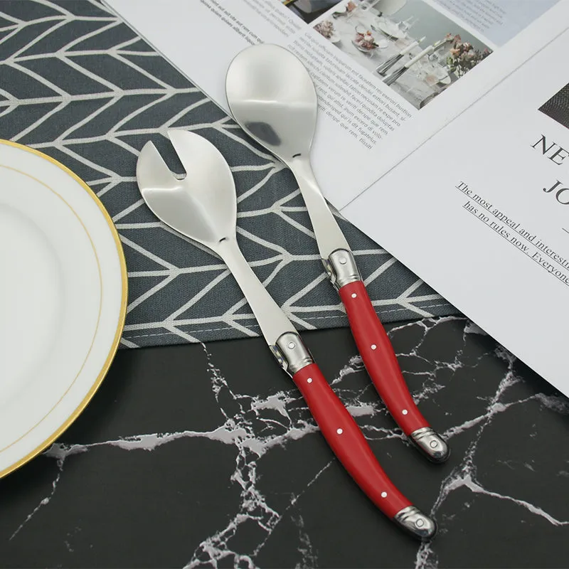 2pcs 10'' Red Salad Spoon set Laguiole Stainless steel Spoon Western Dinnerware Black ABS Handle Party Cake Dessert Tool Kitchen