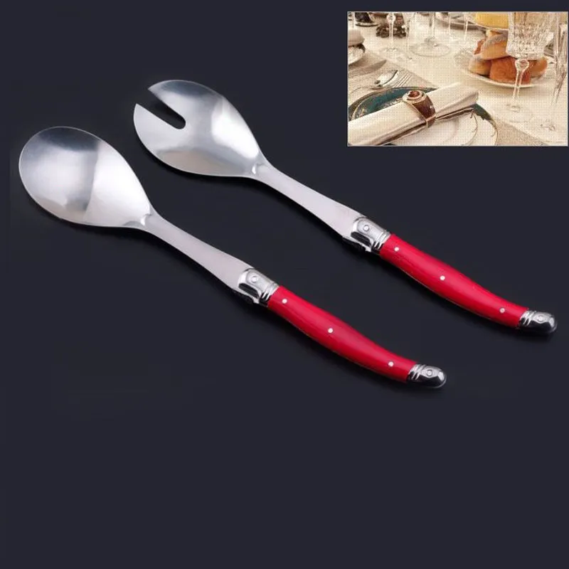 2pcs 10'' Red Salad Spoon set Laguiole Stainless steel Spoon Western Dinnerware Black ABS Handle Party Cake Dessert Tool Kitchen
