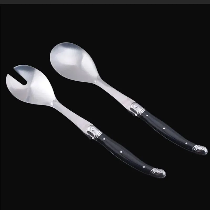 2pcs 10'' Red Salad Spoon set Laguiole Stainless steel Spoon Western Dinnerware Black ABS Handle Party Cake Dessert Tool Kitchen