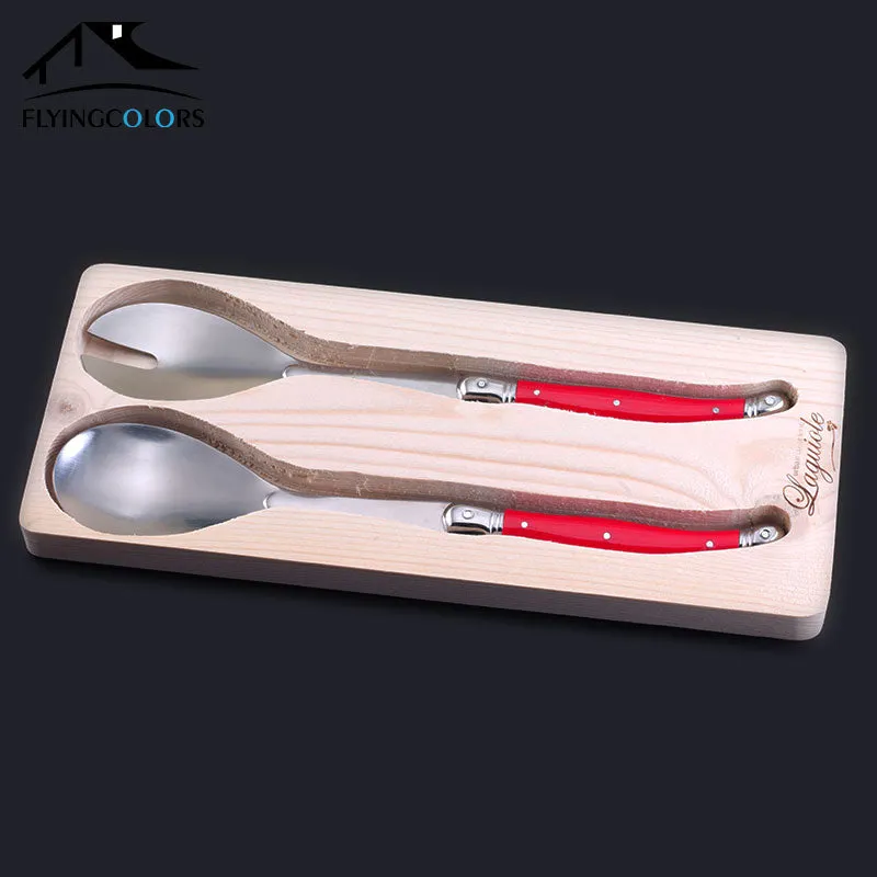 2pcs 10'' Red Salad Spoon set Laguiole Stainless steel Spoon Western Dinnerware Black ABS Handle Party Cake Dessert Tool Kitchen