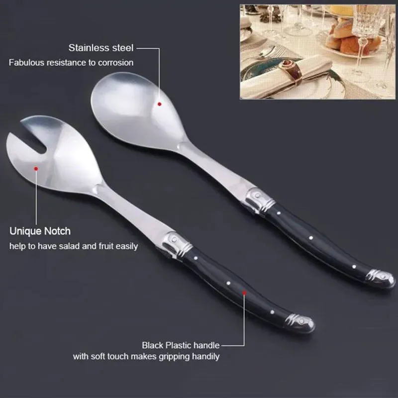 2pcs 10'' Red Salad Spoon set Laguiole Stainless steel Spoon Western Dinnerware Black ABS Handle Party Cake Dessert Tool Kitchen
