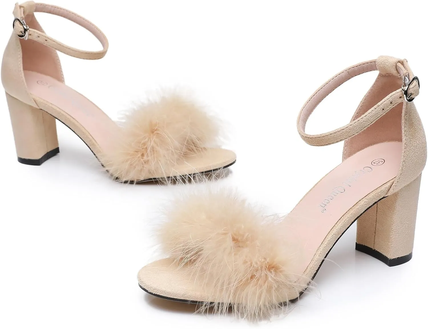 3 Inches Women's Ankle Strap Fluffy Feather Ankle Strap Block Heels Sandals Open Toe Party Evening High Heel Pump Shoes
