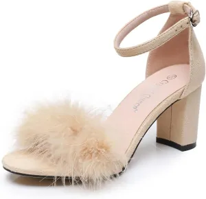 3 Inches Women's Ankle Strap Fluffy Feather Ankle Strap Block Heels Sandals Open Toe Party Evening High Heel Pump Shoes