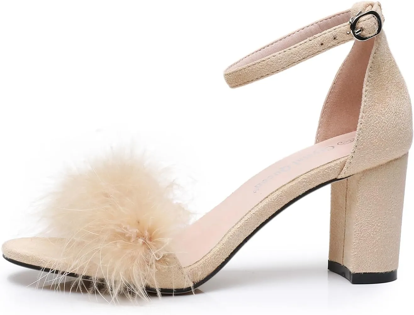 3 Inches Women's Ankle Strap Fluffy Feather Ankle Strap Block Heels Sandals Open Toe Party Evening High Heel Pump Shoes