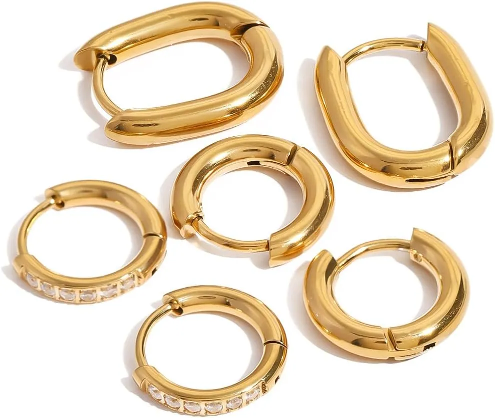 3 Pairs 18K Gold Plated Rectangle Hoop Earrings Set for Women, Hypoallergenic Dainty Round Huggie Hoops, Rhinestone Studs, Earring Set Fashion Gift Ideas