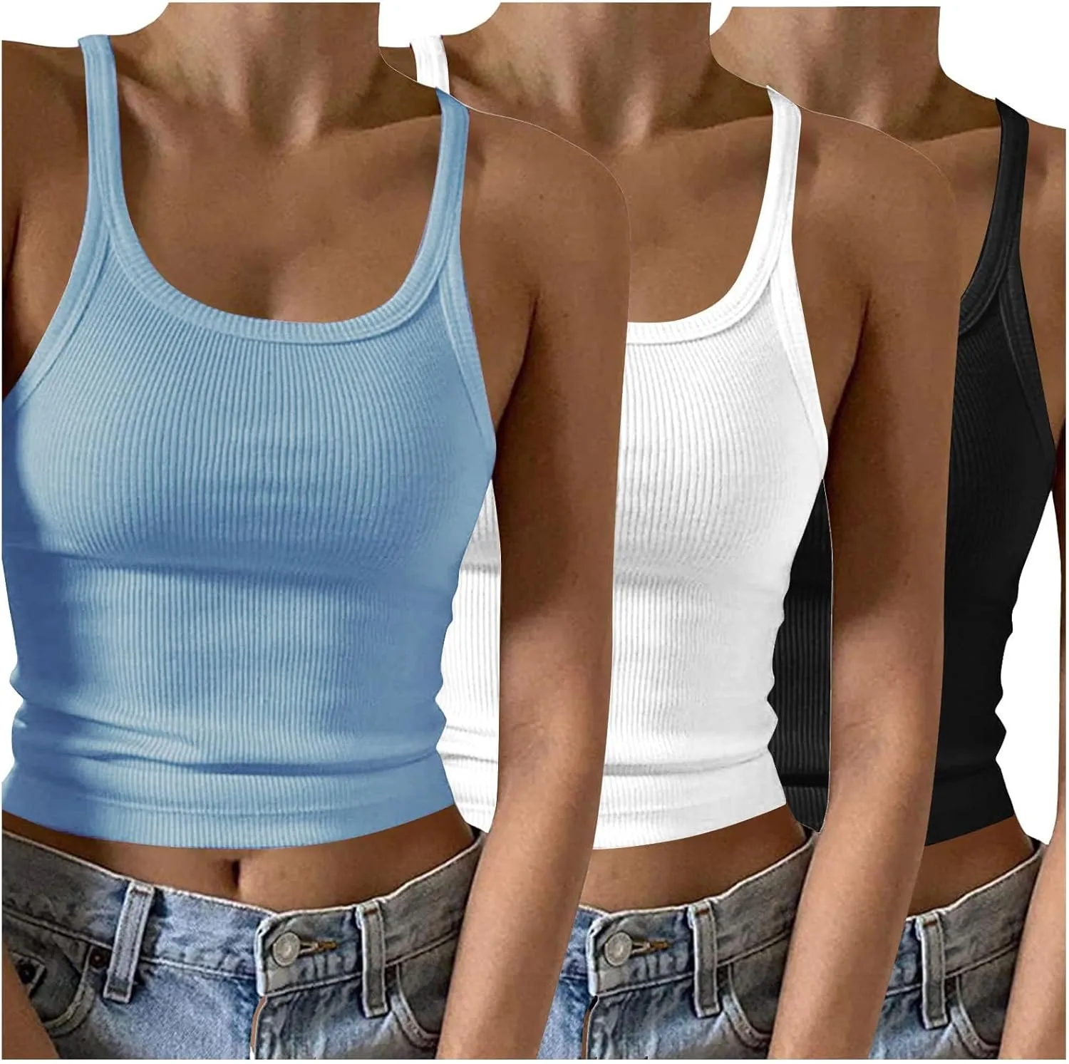 3 Pcs Womens Ribbed Knit Tank Tops Scoop Neck 2025 Summer Camisole Basic Slim Fit Lightweight Y2K Going Out Shirts
