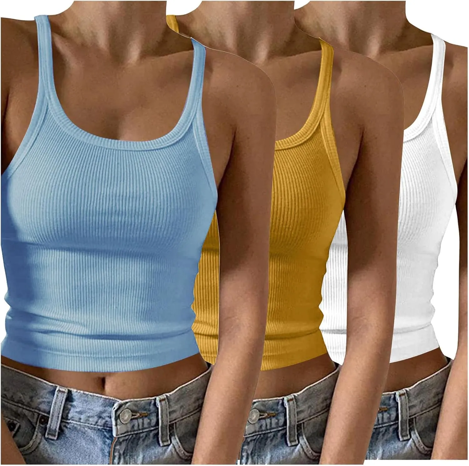 3 Pcs Womens Ribbed Knit Tank Tops Scoop Neck 2025 Summer Camisole Basic Slim Fit Lightweight Y2K Going Out Shirts
