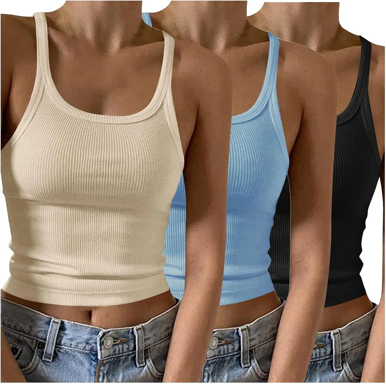 3 Pcs Womens Ribbed Knit Tank Tops Scoop Neck 2025 Summer Camisole Basic Slim Fit Lightweight Y2K Going Out Shirts