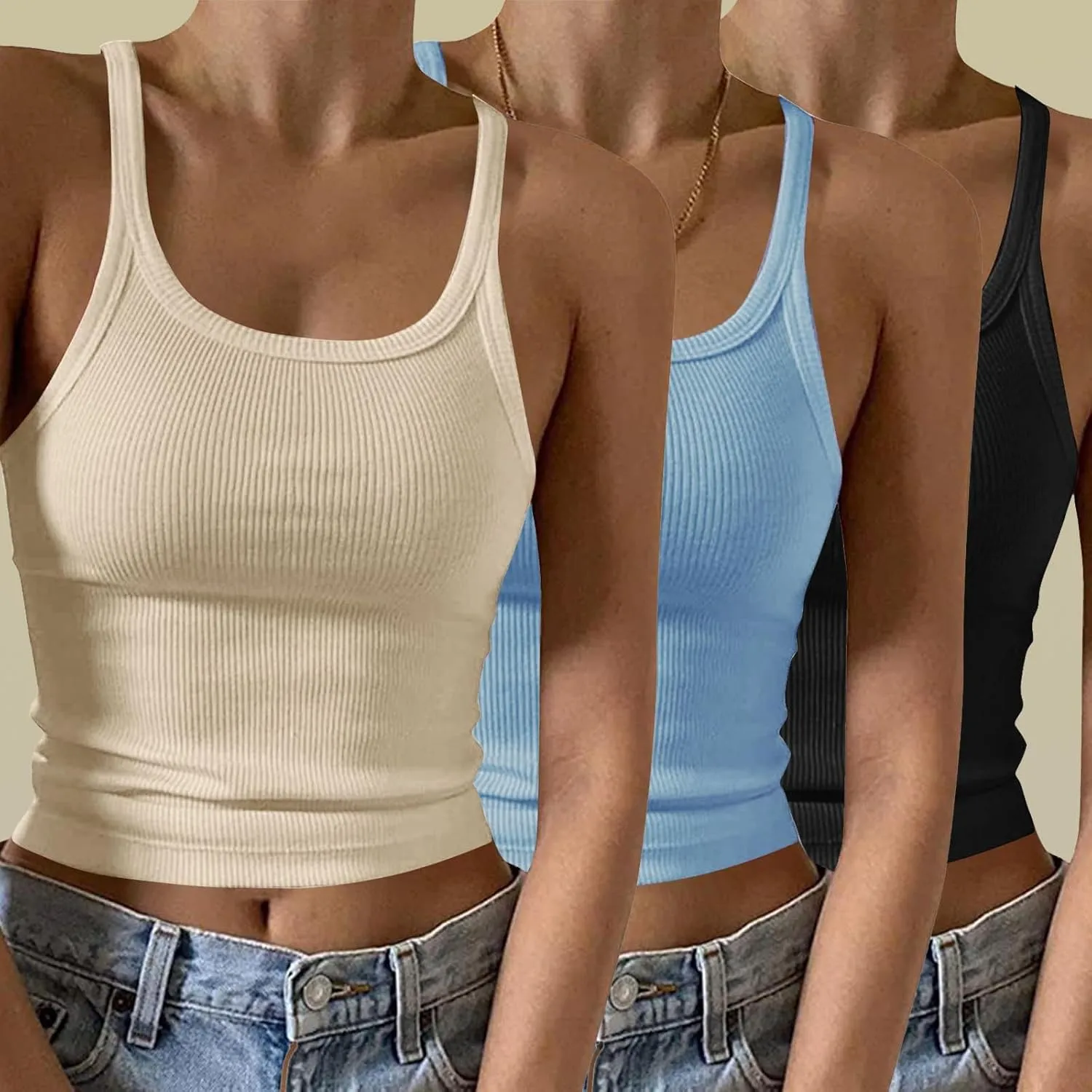 3 Pcs Womens Ribbed Knit Tank Tops Scoop Neck 2025 Summer Camisole Basic Slim Fit Lightweight Y2K Going Out Shirts