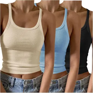 3 Pcs Womens Ribbed Knit Tank Tops Scoop Neck 2025 Summer Camisole Basic Slim Fit Lightweight Y2K Going Out Shirts