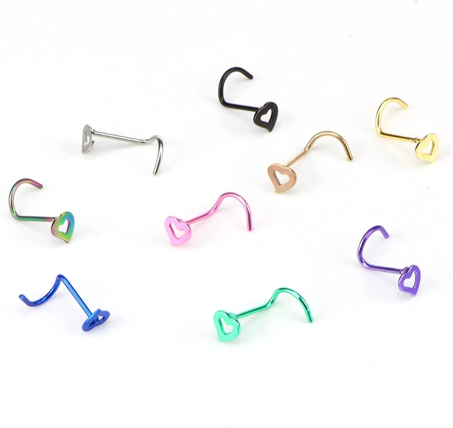 3 Piece Stainless Steel Hollow Heart Shape Nose Studs Hooks Bar Pin Nose Ring Body Piercing Jewelry for Women (Metal Color : Pink)