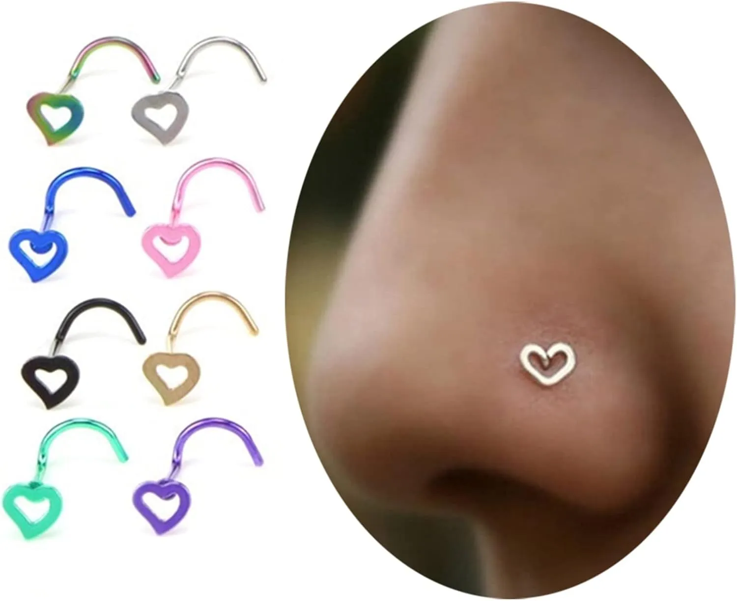 3 Piece Stainless Steel Hollow Heart Shape Nose Studs Hooks Bar Pin Nose Ring Body Piercing Jewelry for Women (Metal Color : Pink)