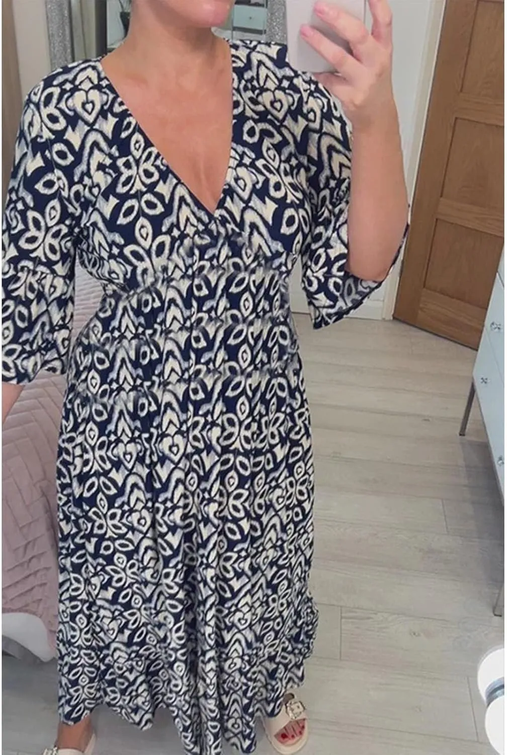 3/4 Sleeve Summer Dresses for Women 2024 Casual V Neck Floral Bohemian Wrap Flowy Midi Boho Dress Beach Dress
