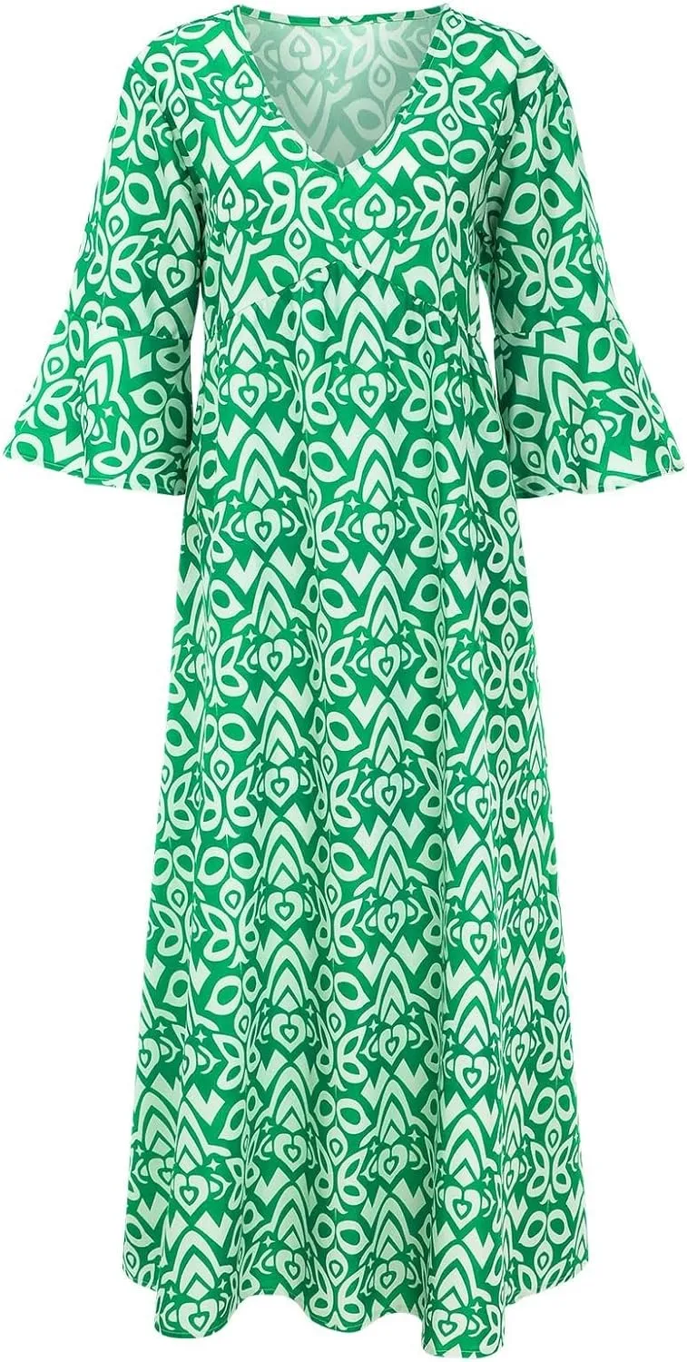 3/4 Sleeve Summer Dresses for Women 2024 Casual V Neck Floral Bohemian Wrap Flowy Midi Boho Dress Beach Dress