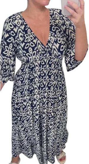 3/4 Sleeve Summer Dresses for Women 2024 Casual V Neck Floral Bohemian Wrap Flowy Midi Boho Dress Beach Dress
