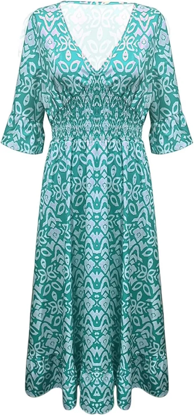 3/4 Sleeve Summer Dresses for Women 2024 Casual V Neck Floral Bohemian Wrap Flowy Midi Boho Dress Beach Dress