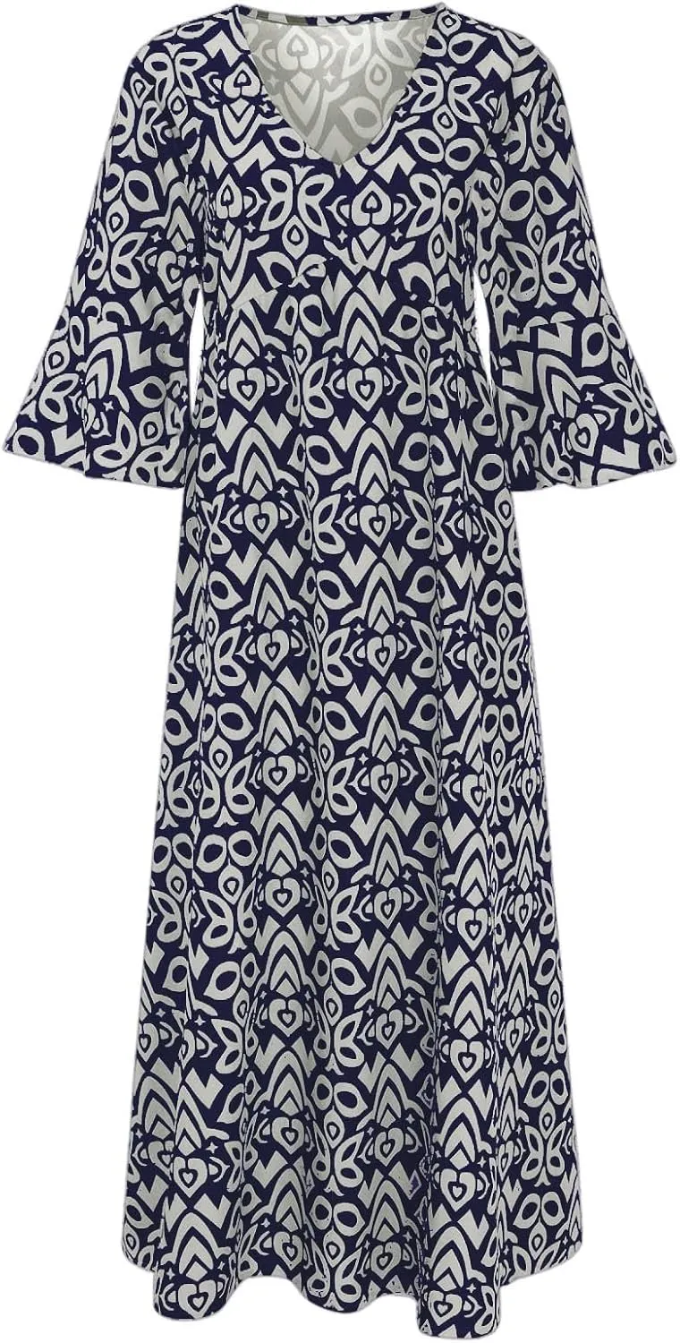3/4 Sleeve Summer Dresses for Women 2024 Casual V Neck Floral Bohemian Wrap Flowy Midi Boho Dress Beach Dress