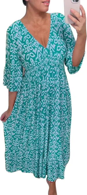 3/4 Sleeve Summer Dresses for Women 2024 Casual V Neck Floral Bohemian Wrap Flowy Midi Boho Dress Beach Dress