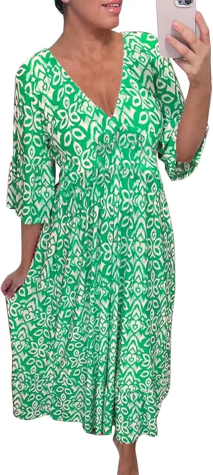 3/4 Sleeve Summer Dresses for Women 2024 Casual V Neck Floral Bohemian Wrap Flowy Midi Boho Dress Beach Dress