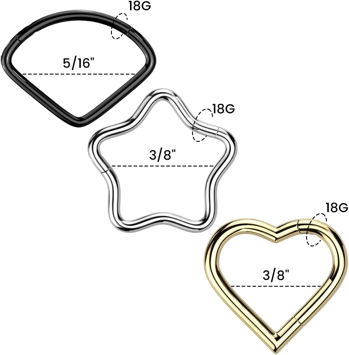 3PCS IMPLANT GRADE F136 Titanium 18G Star Hinged Segment Rings 8mm 10mm, Wide Chevron Hinged Segment Hoops, Heart Shaped Clicker Earrings Rook Helix Tragus Septum Piercing Jewelry