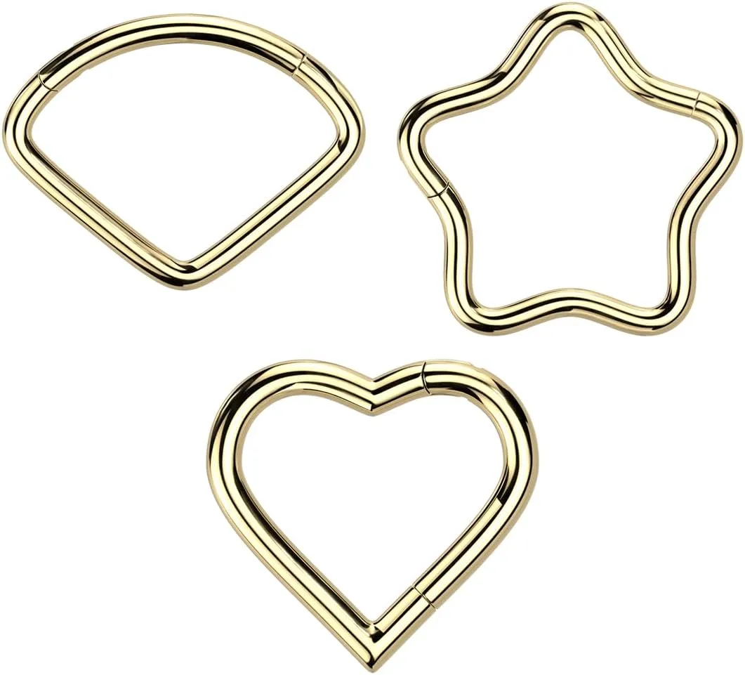 3PCS IMPLANT GRADE F136 Titanium 18G Star Hinged Segment Rings 8mm 10mm, Wide Chevron Hinged Segment Hoops, Heart Shaped Clicker Earrings Rook Helix Tragus Septum Piercing Jewelry