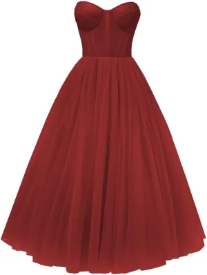 A-line Pleated Tulle Prom Dress for Women, Sleeveless, Midi, Sweetheart Neck, Plus Size