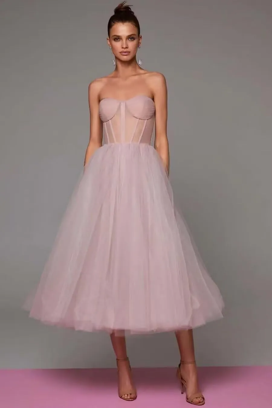 A-line Pleated Tulle Prom Dress for Women, Sleeveless, Midi, Sweetheart Neck, Plus Size